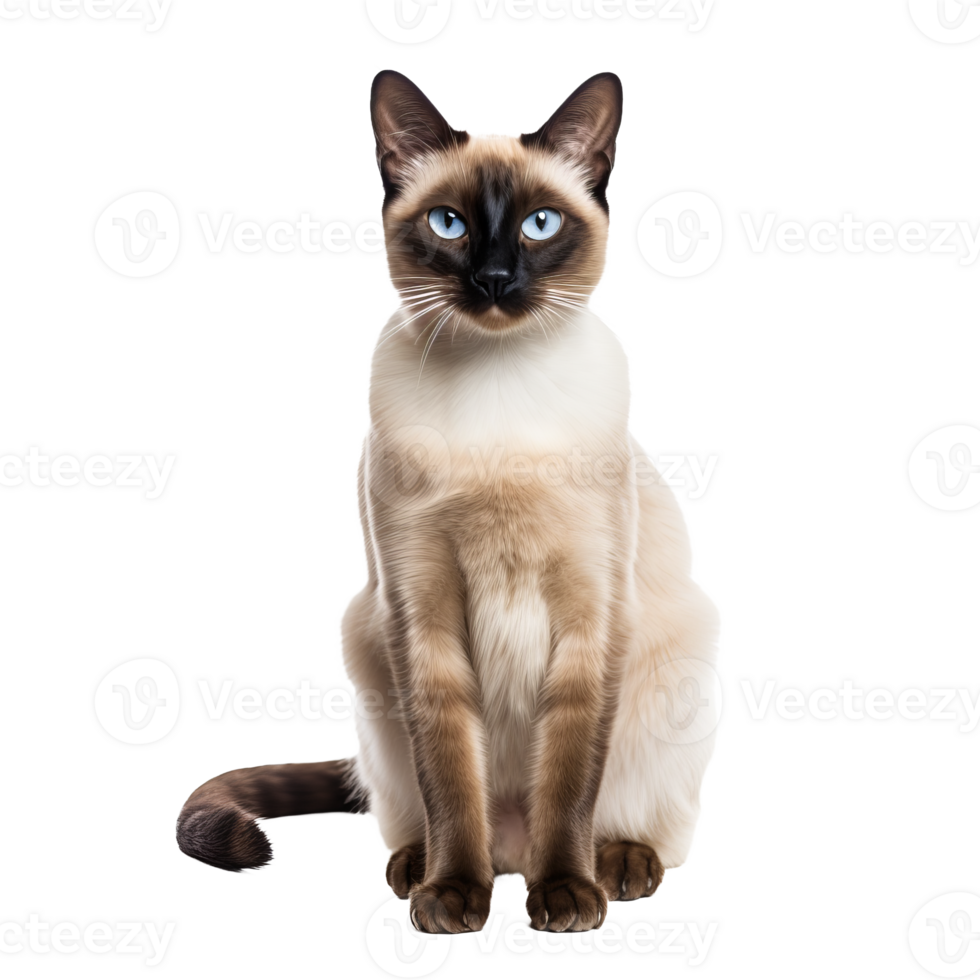 Siamese cat, sleek full body view, clear blue eyes, defined muscles, on transparent background, poised stance, regal. png