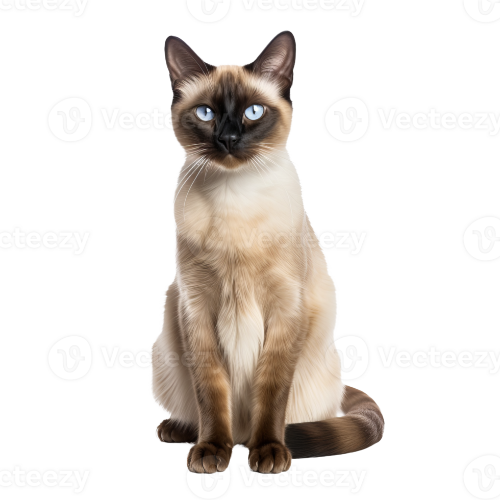 A sleek Siamese cat with a cream coat and dark extremities, displaying its full body, poised gracefully on a transparent background. png