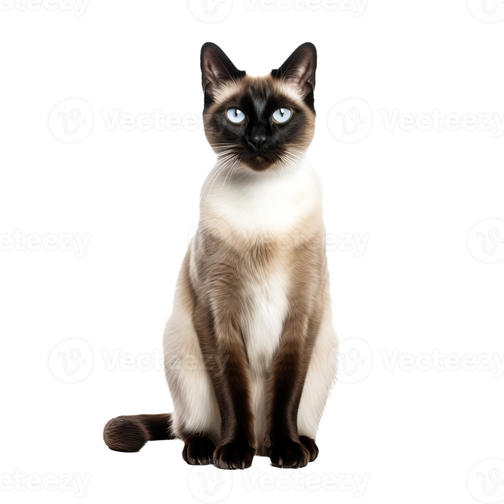 A Siamese cat, with a sleek coat and striking blue eyes, stands in full view against a transparent backdrop. png