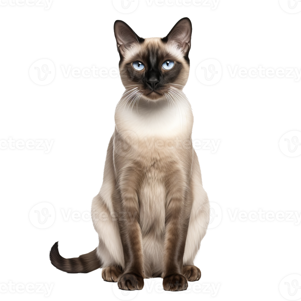 A Siamese cat with a sleek coat and striking blue eyes is depicted in full body against a transparent background, showcasing its elegant features. png