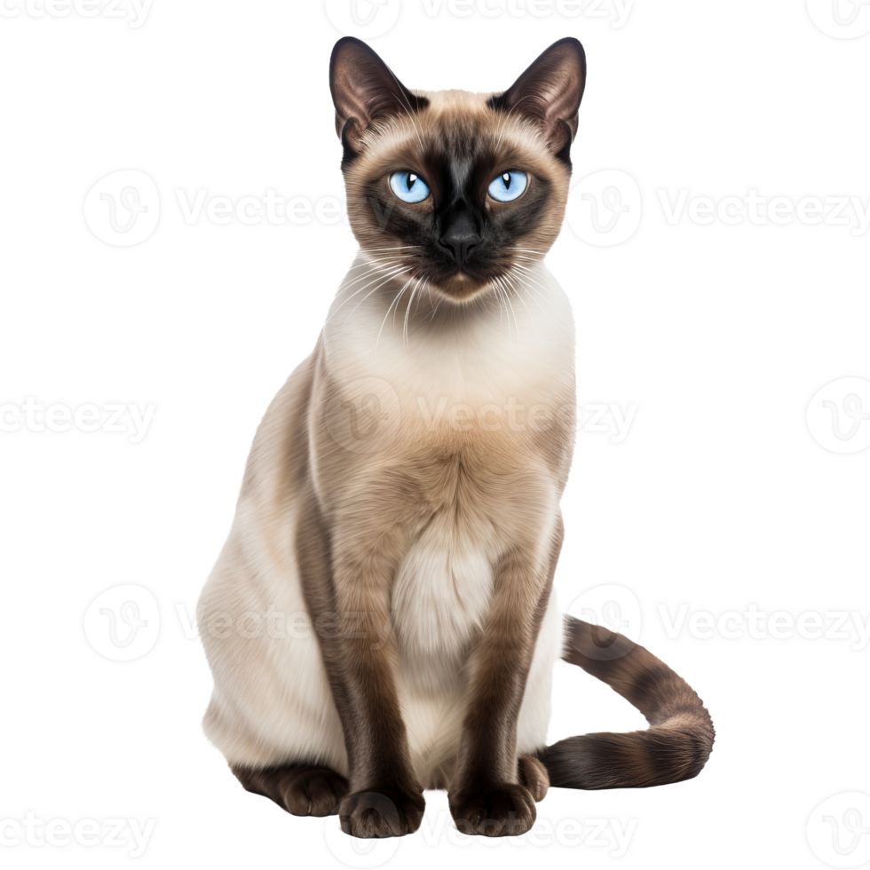 A full-body image of a Siamese cat with its sleek, creamy coat and striking blue eyes, presented against a transparent background for clear visibility. png