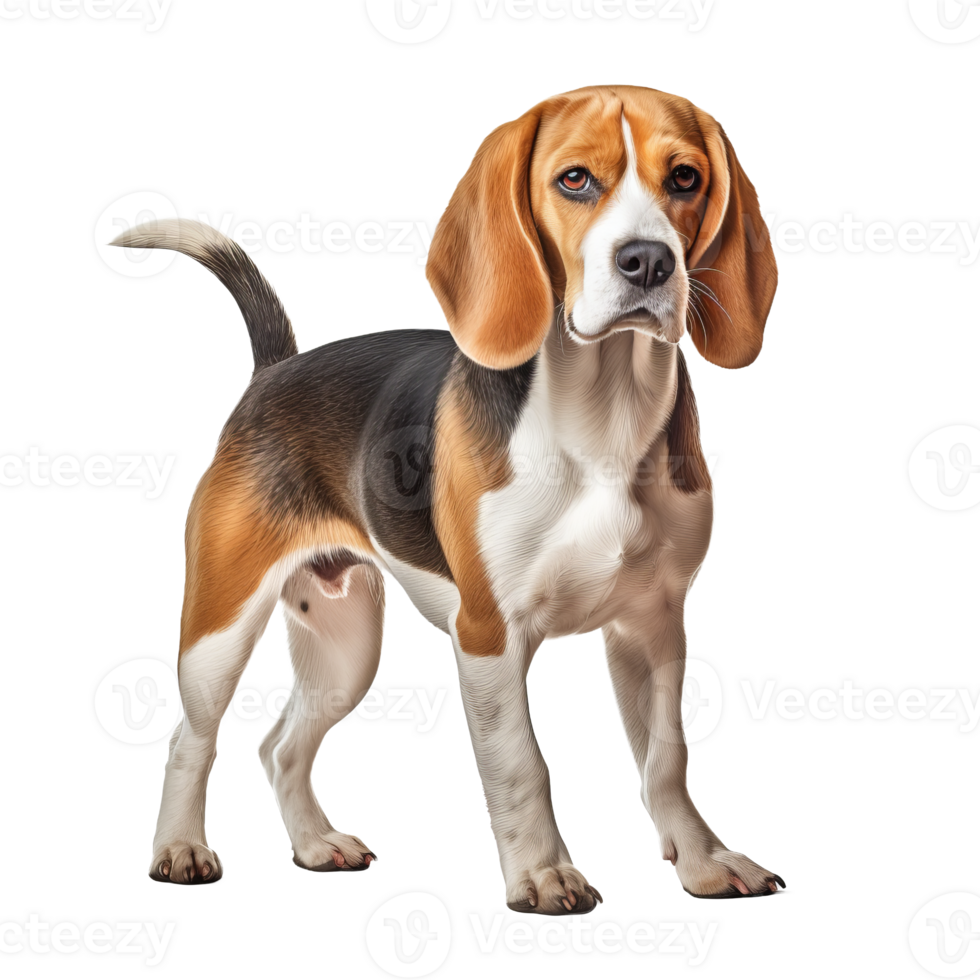 Beagle dog in full view, tri-color coat vividly displayed, attentive ears perked up, standing poised on a clean transparent background. png