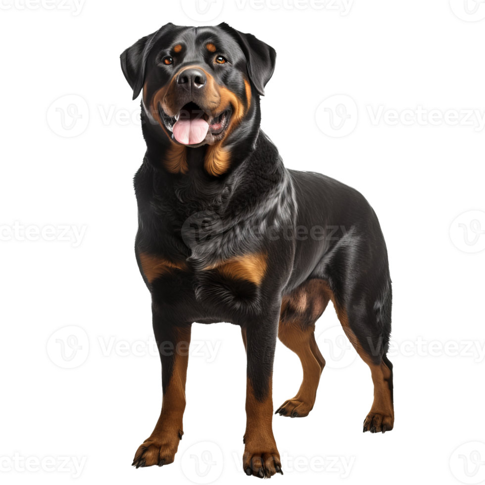 A full-body illustration of a Rottweiler dog standing with a confident stance, displayed on a clear, transparent background. png