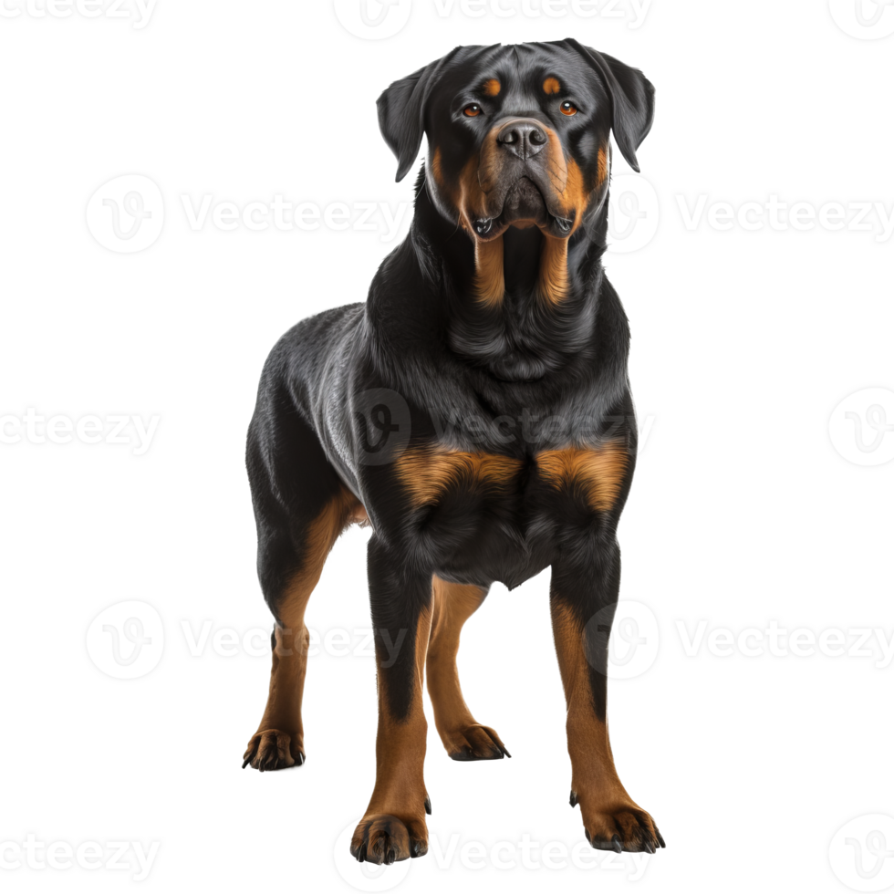 Rottweiler dog depicted in full body standing side-on, showcased clearly without background distractions, ideal for overlaying on varying backdrops. png