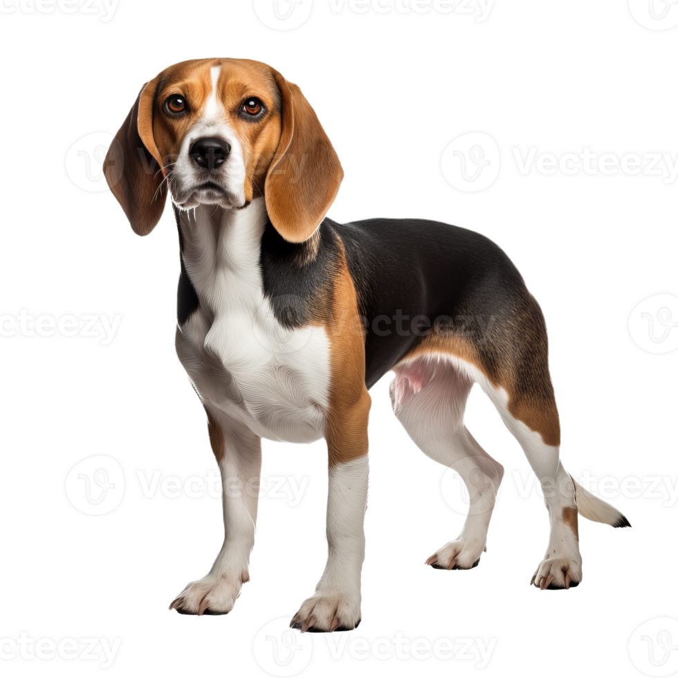 Beagle dog in full stance, ears perky, displaying its tricolor coat, rendered with clear detail against a transparent backdrop. png