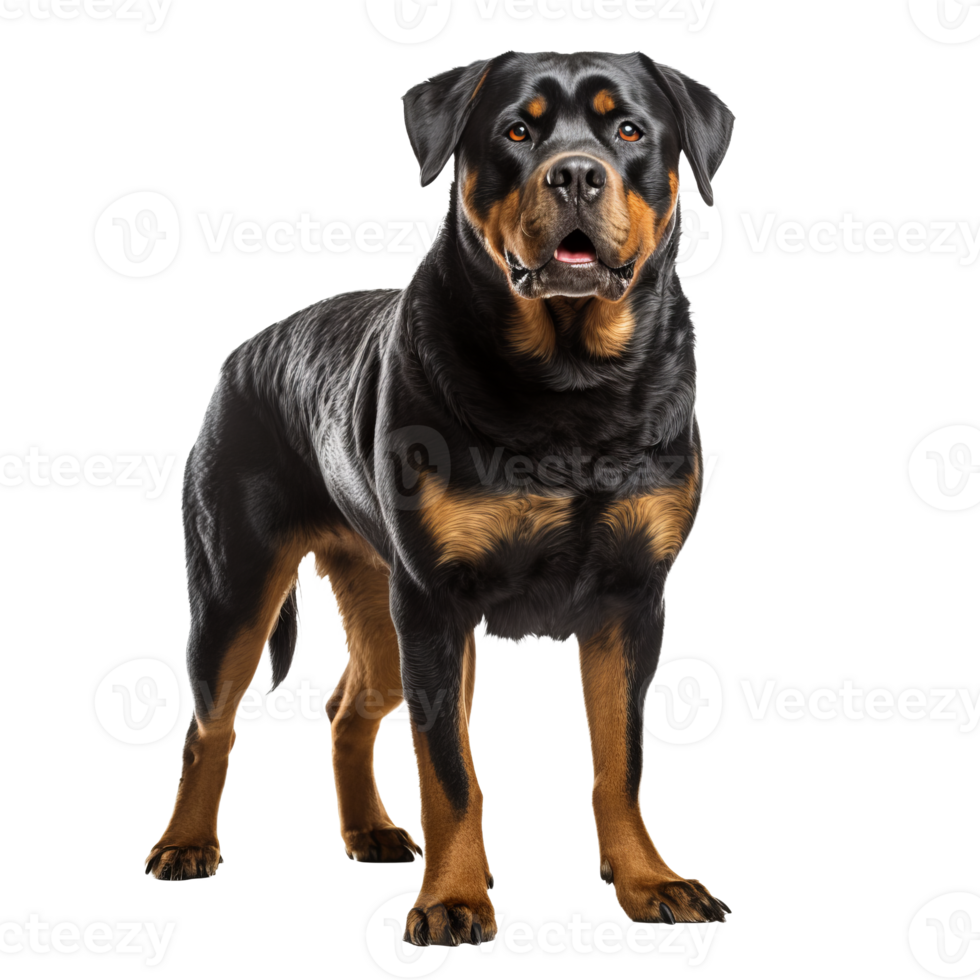 Rottweiler dog, full-bodied and alert stands on transparent background, showcasing its muscular build and shiny black and tan coat. png
