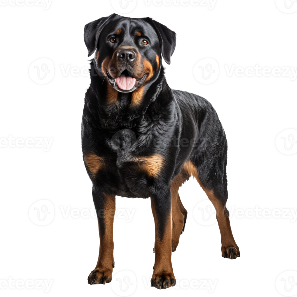Full-bodied Rottweiler stands alert, showcasing its strong physique and black and tan markings, rendered against a seamless transparent backdrop. png
