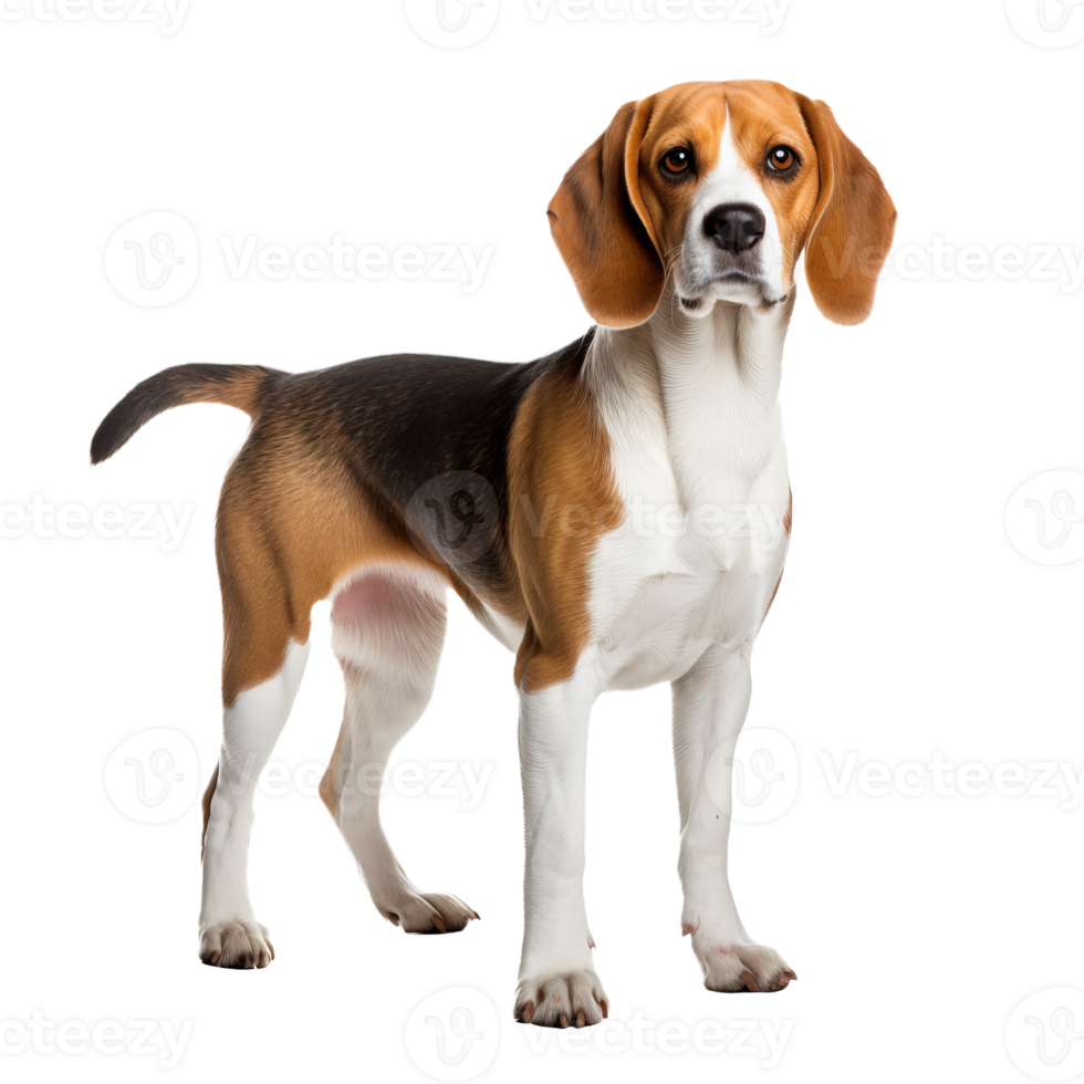 Beagle dog in full stance, showcasing its tri-color coat and floppy ears, positioned against a clear transparent background for versatile use. png