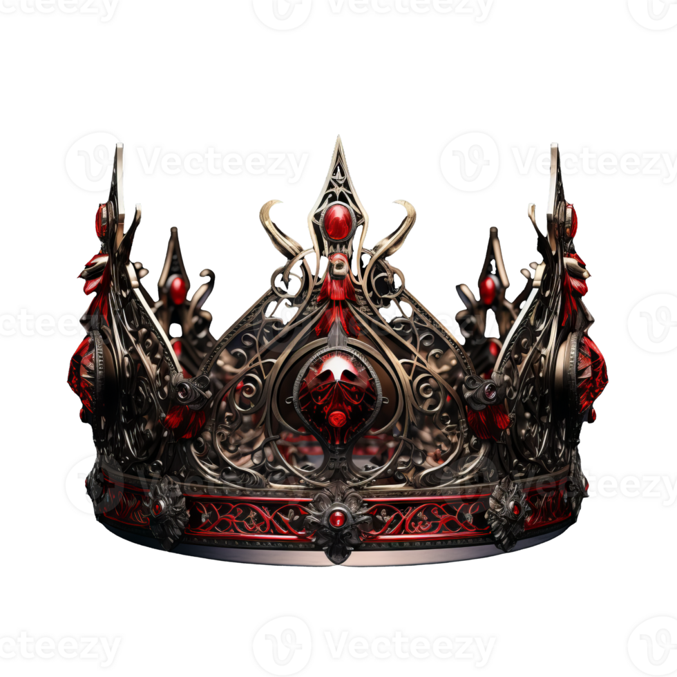 A dazzling red fantasy crown adorned with intricate decorations against a transparent background, radiating beauty and majesty. png
