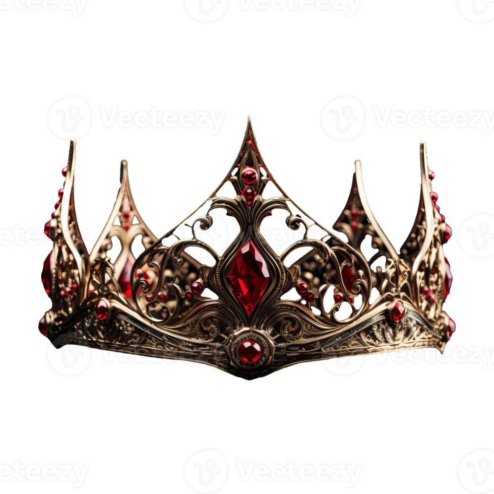 Red fantasy crown, beautifully decorated, floats against a transparent backdrop, shimmering with elegance. png