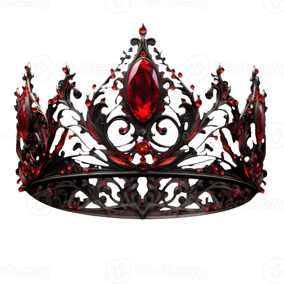 A stunning red fantasy crown, ornate and beautifully decorated, floats on a pristine transparent background. png