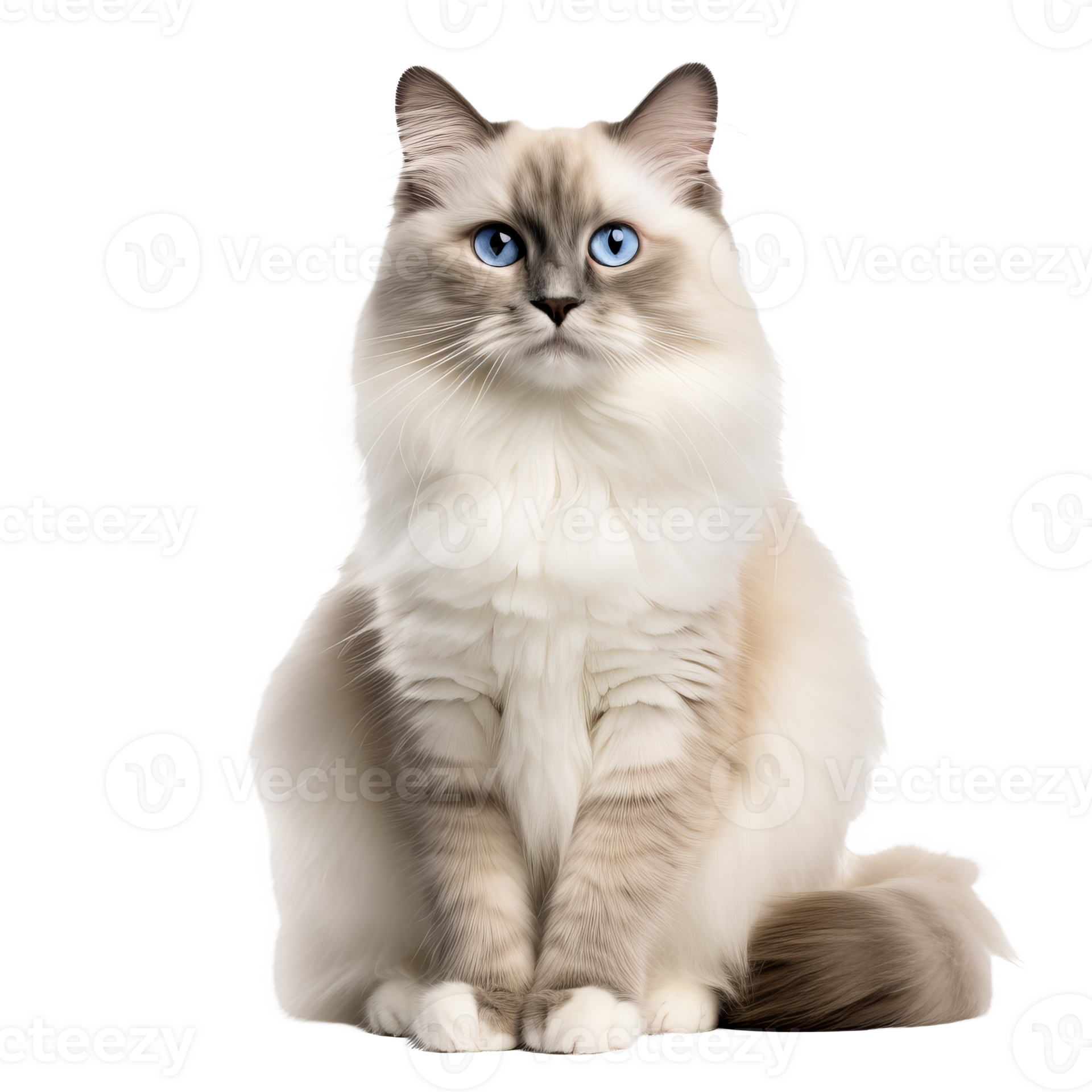 Ragdoll cat with fluffy fur and blue eyes, displayed in its entirety