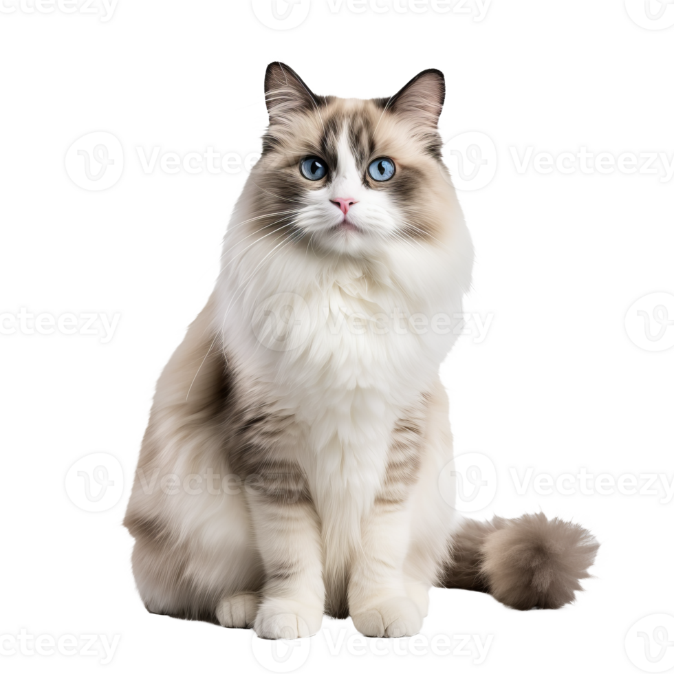 A Ragdoll cat with plush coat and piercing blue eyes sprawled elegantly, its full body visible against a transparent backdrop. png