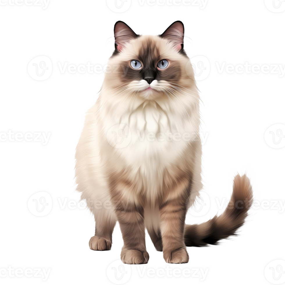 A Ragdoll cat is pictured in full body view against a transparent background, showcasing its plush coat and relaxed demeanor. png