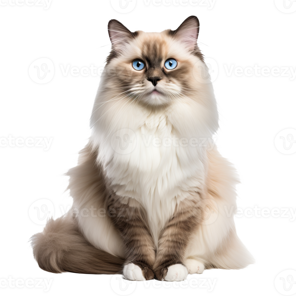 Ragdoll cat with soft fur poses gracefully, displaying full body on a transparent background, showcasing its fluffy tail and blue eyes. png