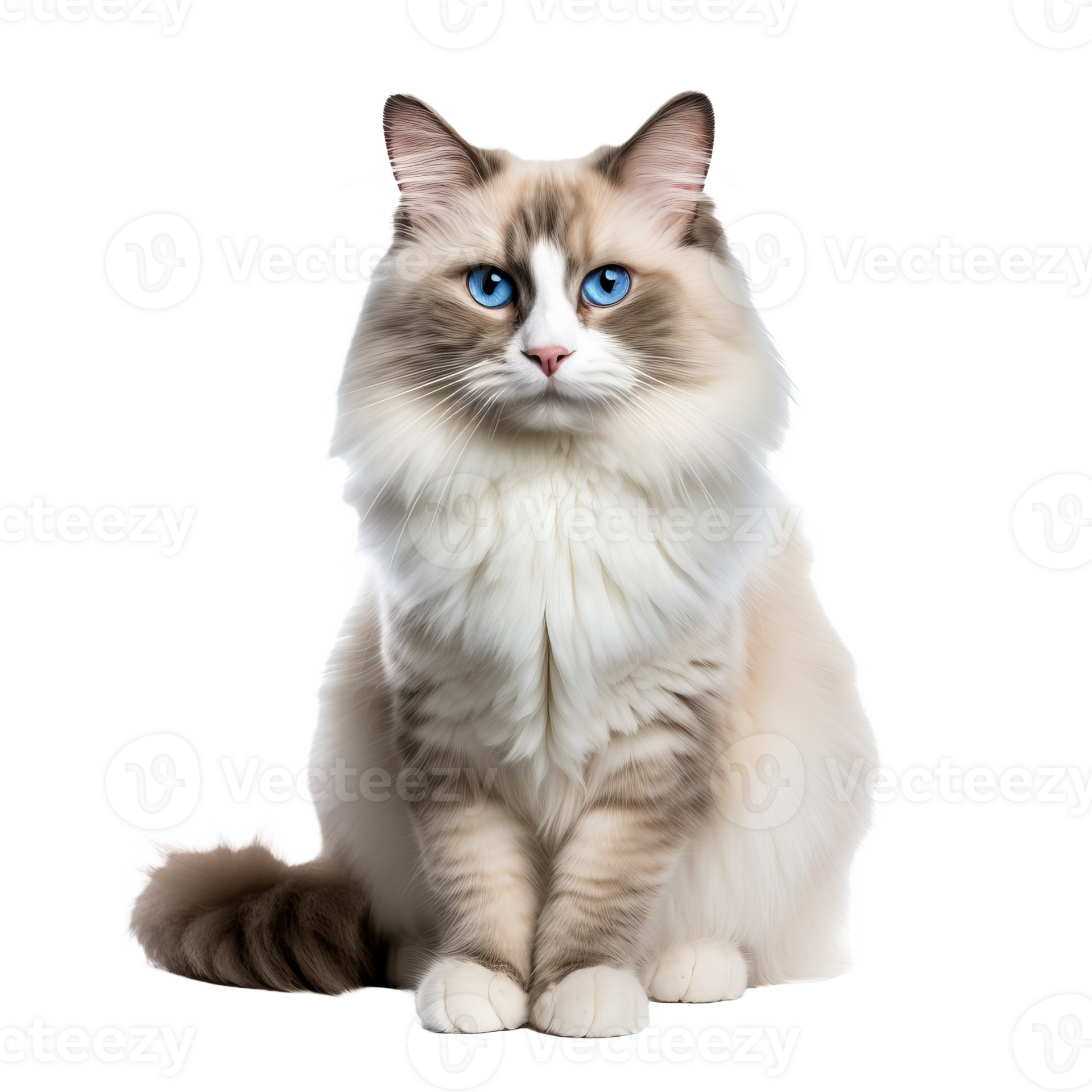 A Ragdoll cat with soft, long fur and striking blue eyes is displayed