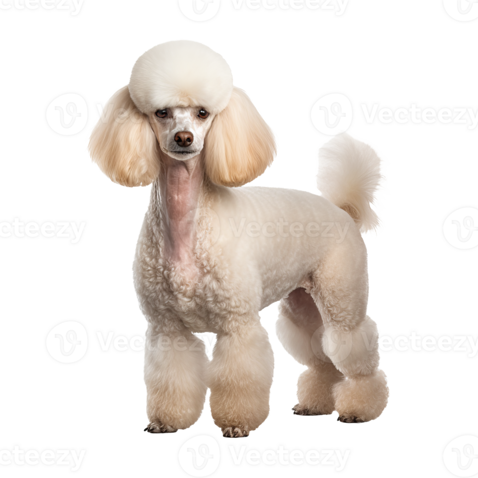 A full-bodied poodle dog stands poised on a transparent background, showcasing its curly fur coat and elegant posture. png