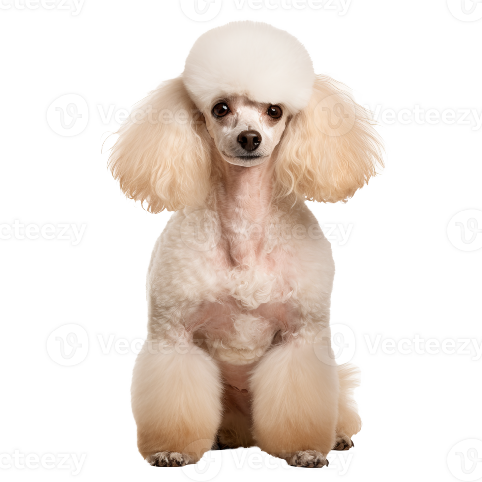 Poodle dog in full stance, groomed coat, visible against a transparent background, showcasing its elegant posture and distinctive curly fur. png