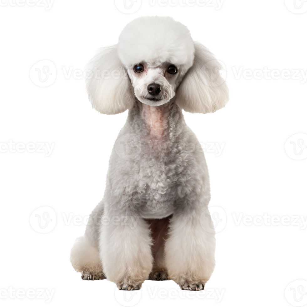Poodle dog stands in full view with lush curly fur, showcasing its distinctive groomed coat on a transparent background for versatile use. png