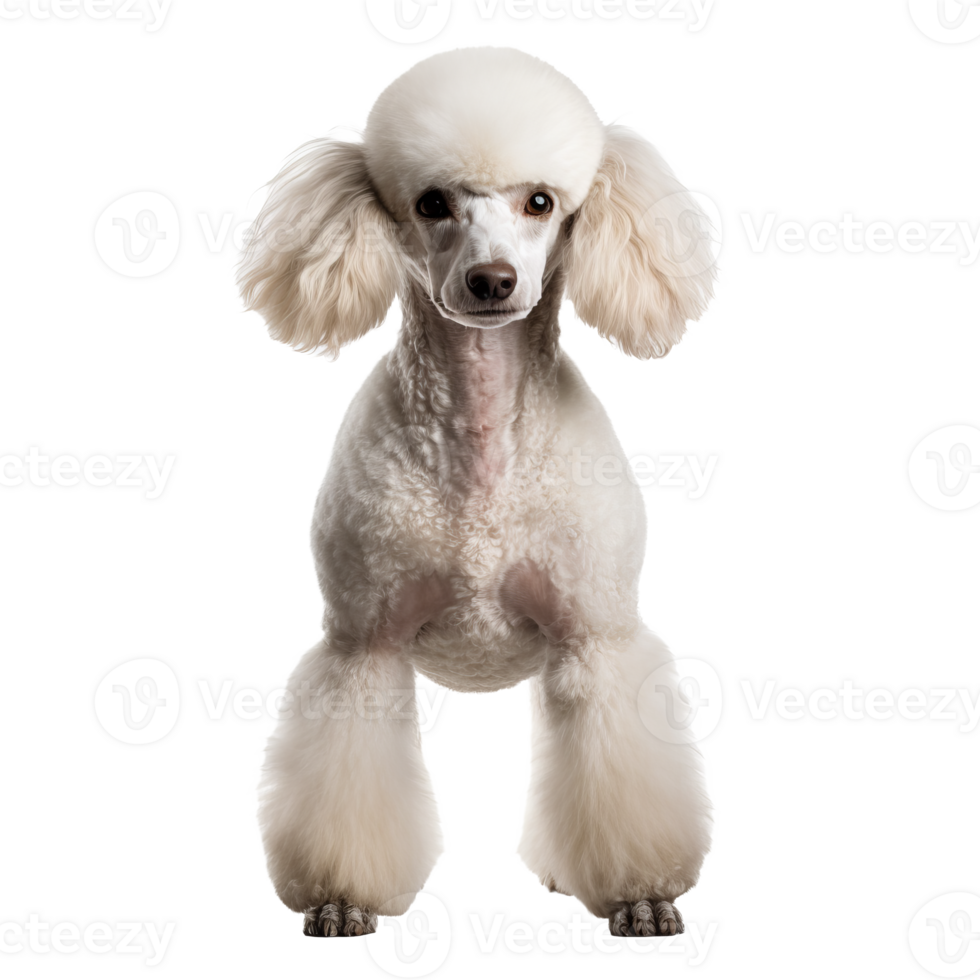 Poodle dog in full stance on a transparent background, showcasing its curly fur and elegant posture. png