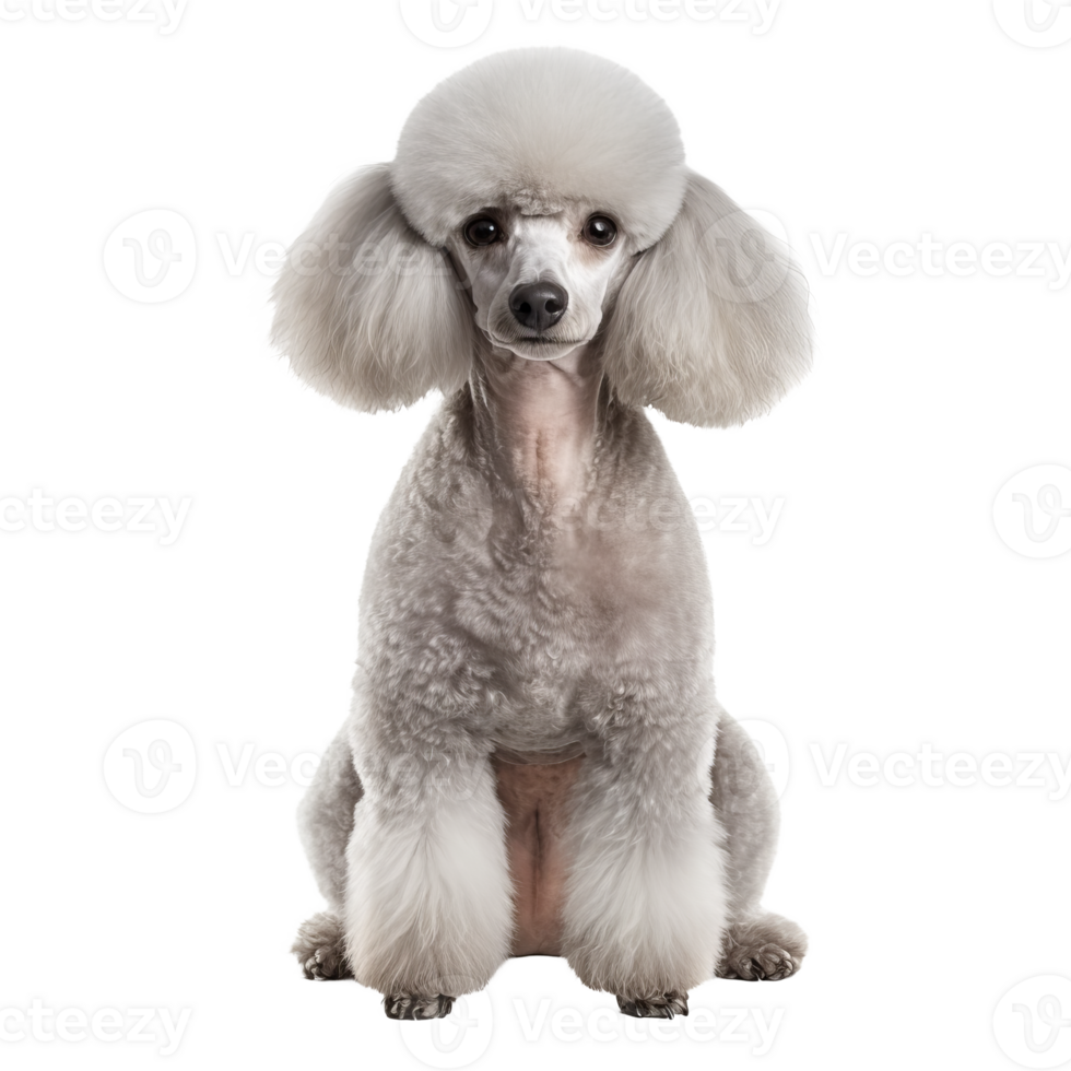 A poodle dog stands in a full-body pose, its curly fur displayed prominently, set against a clear transparent background for easy overlay. png