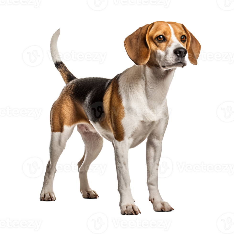 Beagle dog standing side-on, ears perked, tail up, displaying full-body on a clear transparent background. png