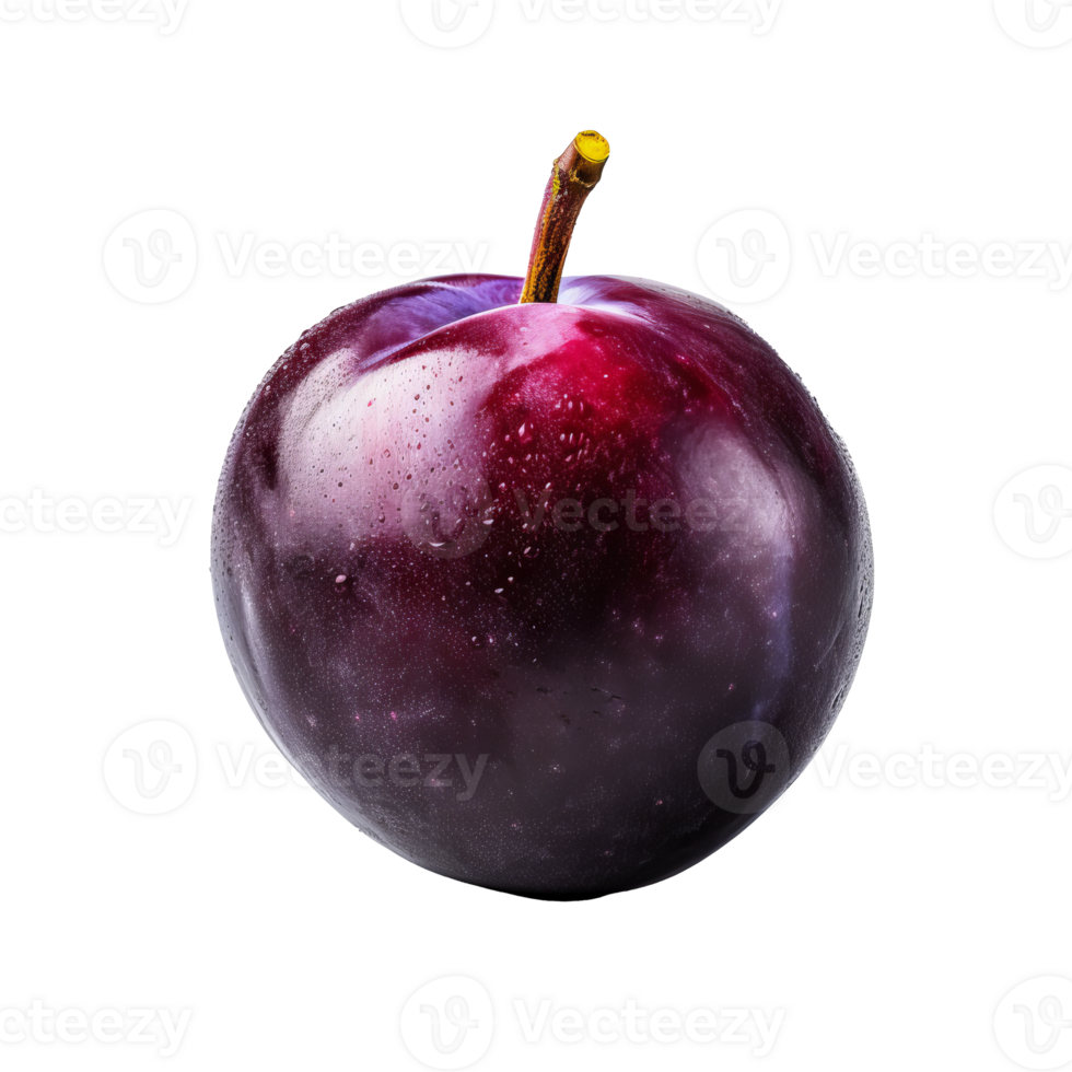 Juicy plum fruit depicted in full detail, vibrant purple skin and succulent flesh visible, isolated against a transparent backdrop. png