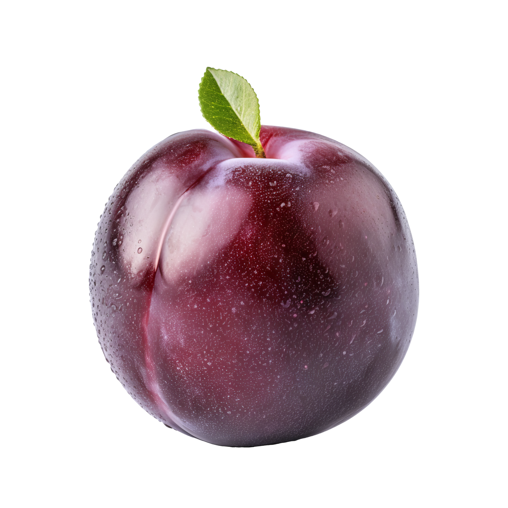 Plum fruit depicted in full detail, vibrant and ripe, isolated against