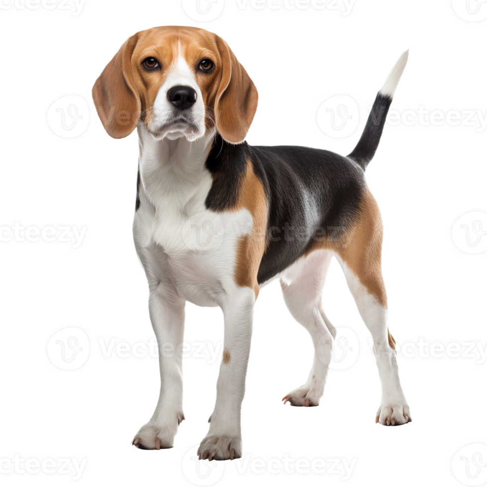 Beagle dog in full stance, with a clear, transparent background showcasing its tricolor coat, floppy ears, and friendly demeanor. png