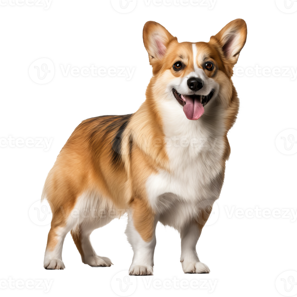Pembroke Welsh Corgi, full-body view, stands alert with perky ears and a bushy tail, displayed on a clear, transparent background. png