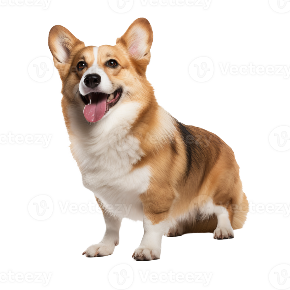 A Pembroke Welsh Corgi, full-bodied and alert, stands on a clear backdrop, showcasing its short legs, foxy face, and fluffy tail. png