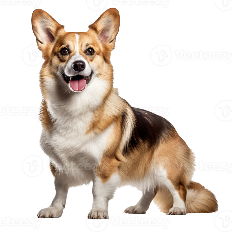 Pembroke Welsh Corgi, full-bodied and alert, stands poised on a transparent backdrop, showcasing its characteristic fox-like features and sturdy stature. png