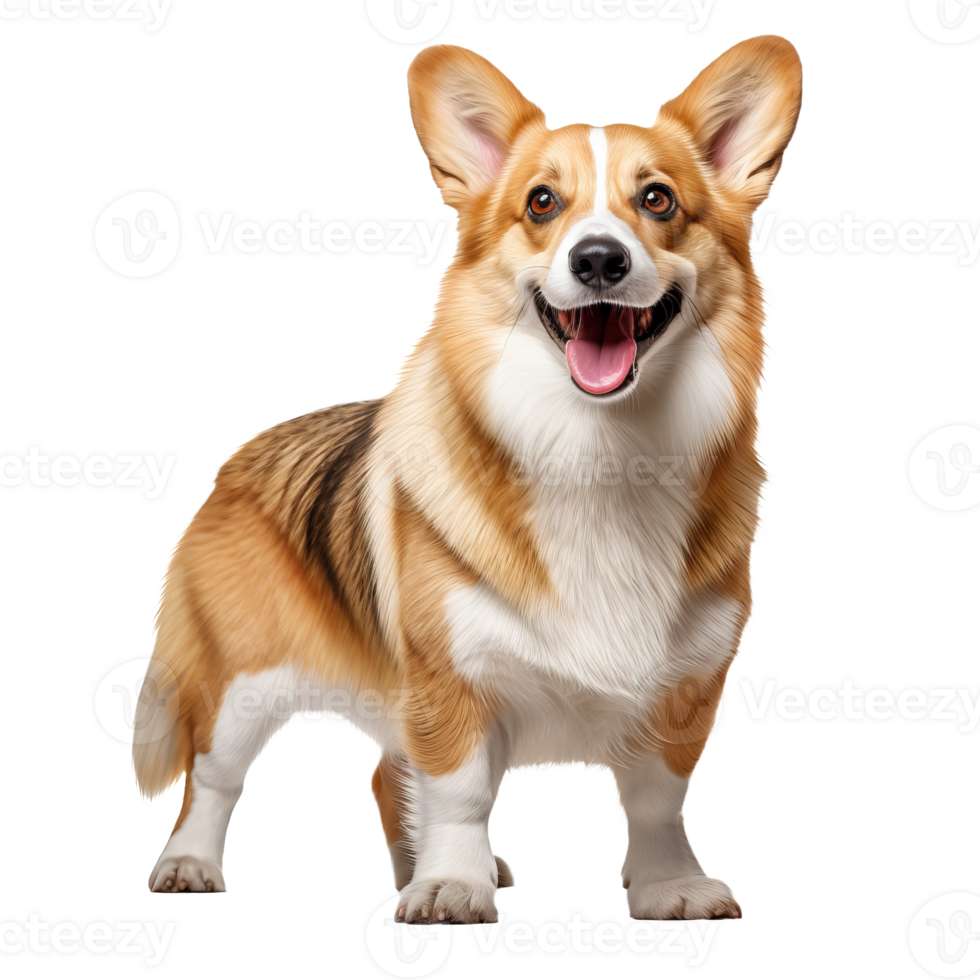 A full-body illustration of a Pembroke Welsh Corgi, depicted in a lively stance with its distinct fluffy fur texture, set against a transparent backdrop. png
