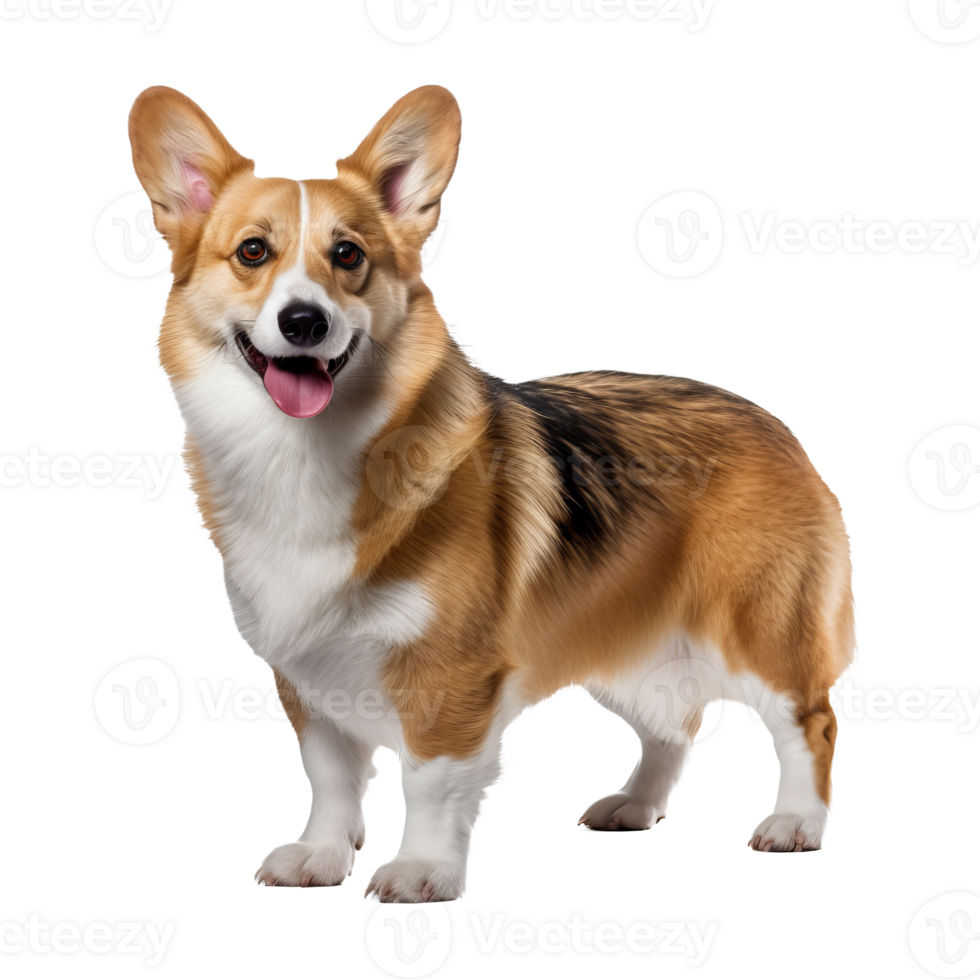 A full-bodied Pembroke Welsh Corgi dog stands alert on a transparent background, with its fluffy coat and erect ears displayed. png