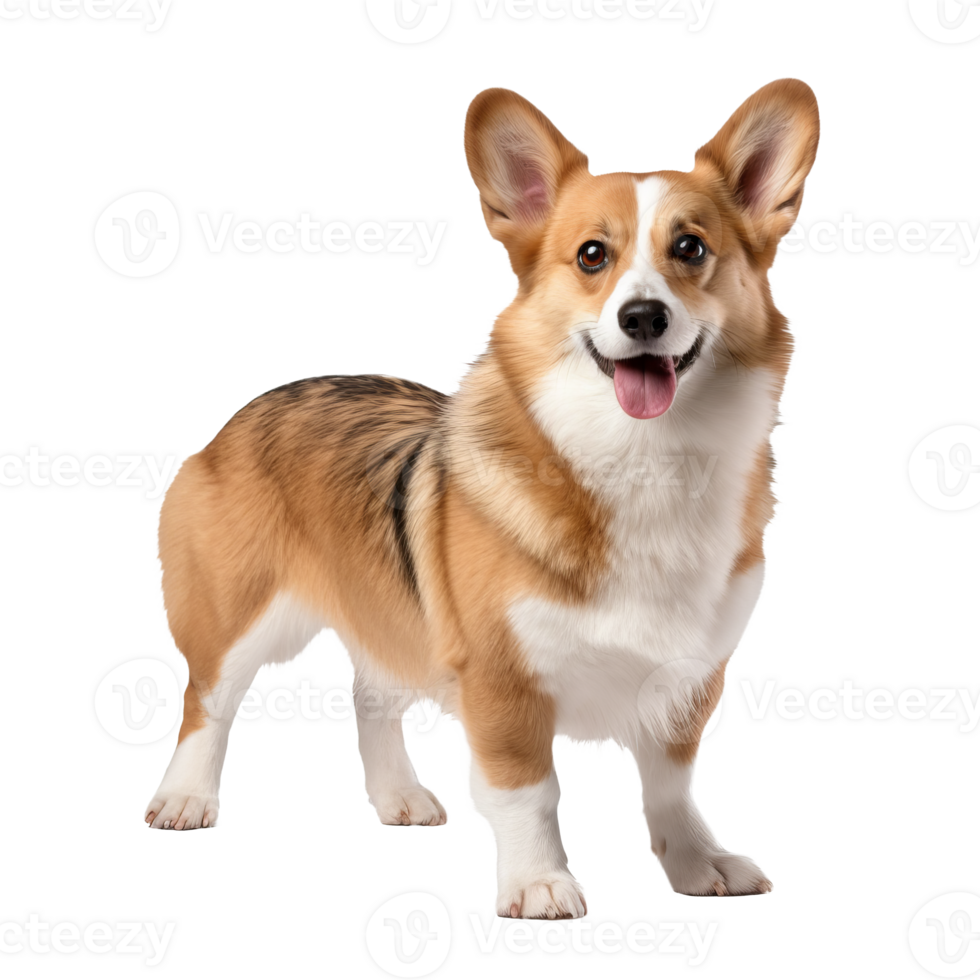 Pembroke Welsh Corgi, full-bodied and alert, stands on a clear transparent background showcasing its compact frame and perky ears. png