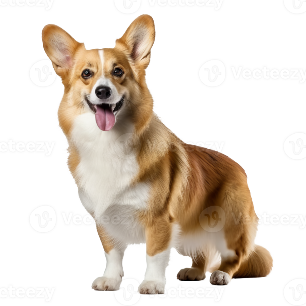 Pembroke Welsh Corgi, full body displayed, vividly colored visible against a clear, transparent backdrop showcasing its stature and features. png