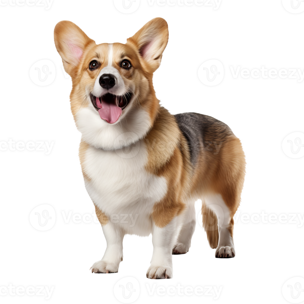 A Pembroke Welsh Corgi dog stands in full body view on a transparent background, showcasing its short legs, foxy face, and fluffy coat. png