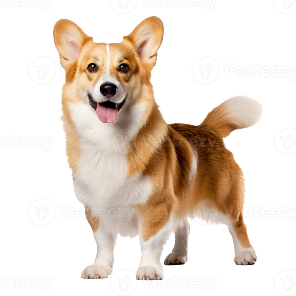 A full-body illustration of a Pembroke Welsh Corgi, with its characteristic stubby legs and foxy face, displayed on a transparent background. png