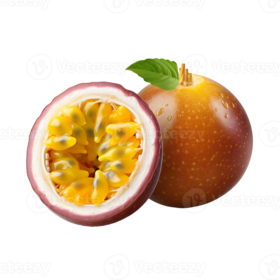 Vivid purple passion fruit with plump round shape, showcasing full glossy skin and contrasting green details, displayed on a clear, invisible backdrop. png