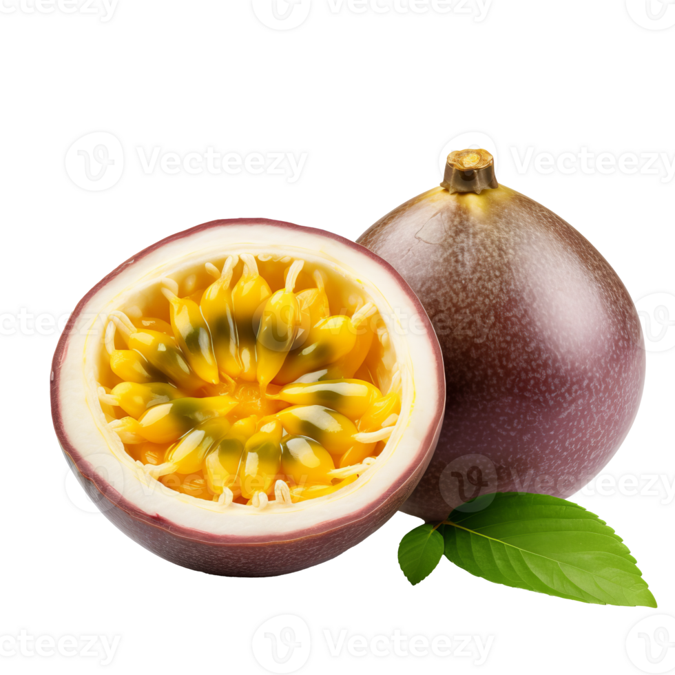 Vibrant passion fruit graphic with a detailed full body depiction, isolated on a clear, transparent background for versatile use. png