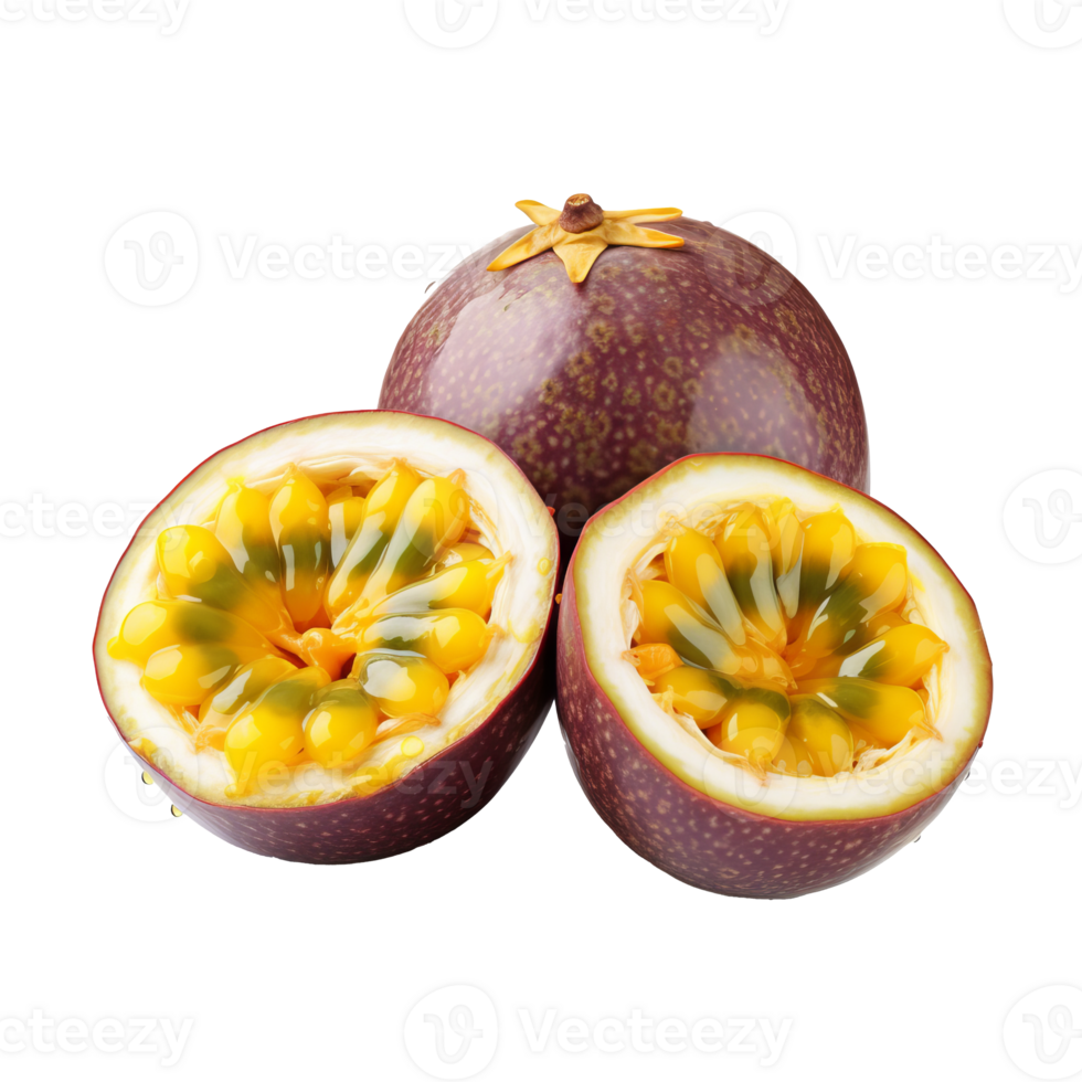 Passion fruit with its complete shape and vibrant purple skin, displayed in crisp detail against a see-through backdrop. png