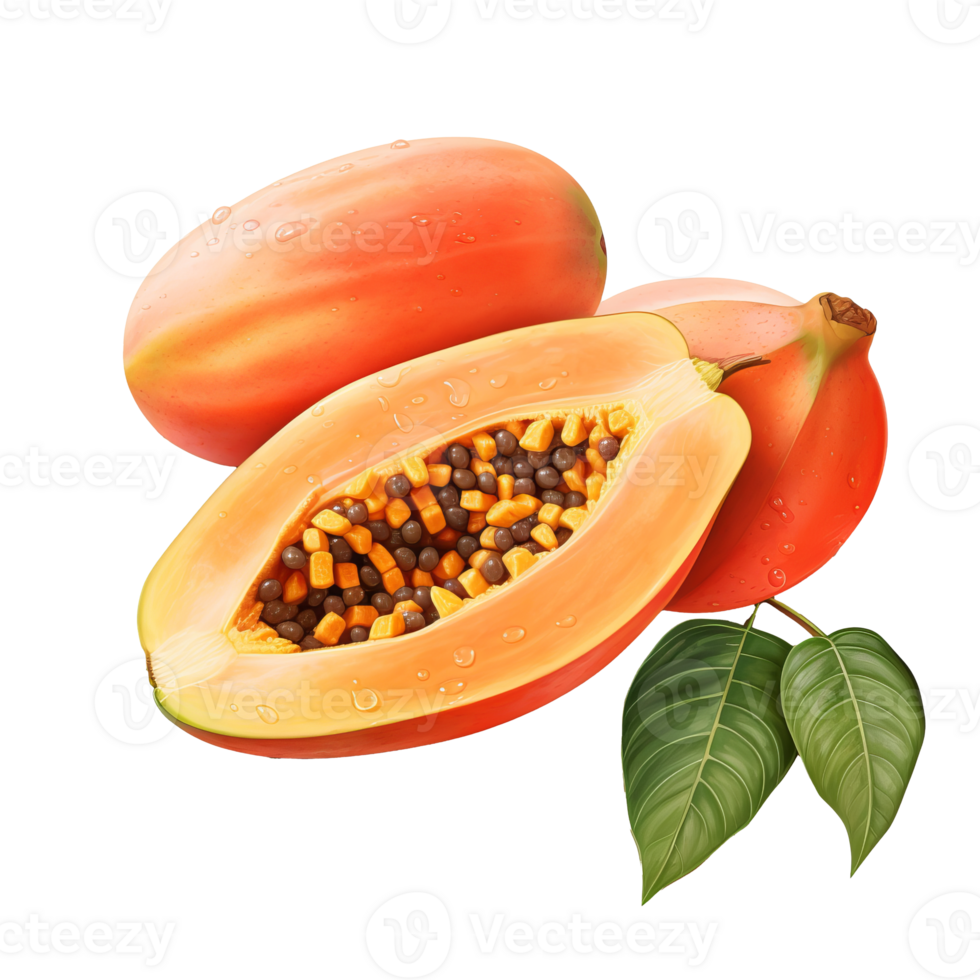 Whole papaya fruit displayed prominently with no backdrop, fully visible, on a clear, transparent background. png