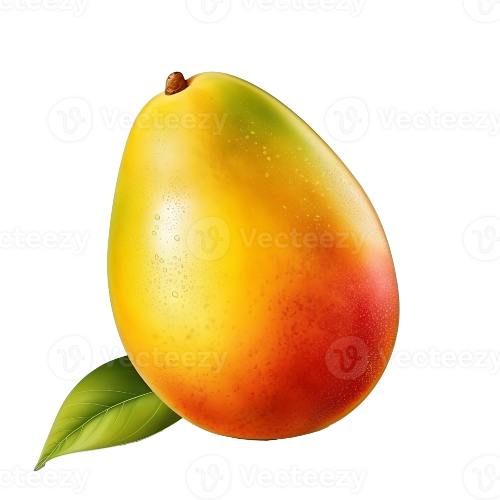 Colorful, ripe mango illustration entire fruit, detailed texture, visible shadows and highlights, displayed on a clear backdrop. png