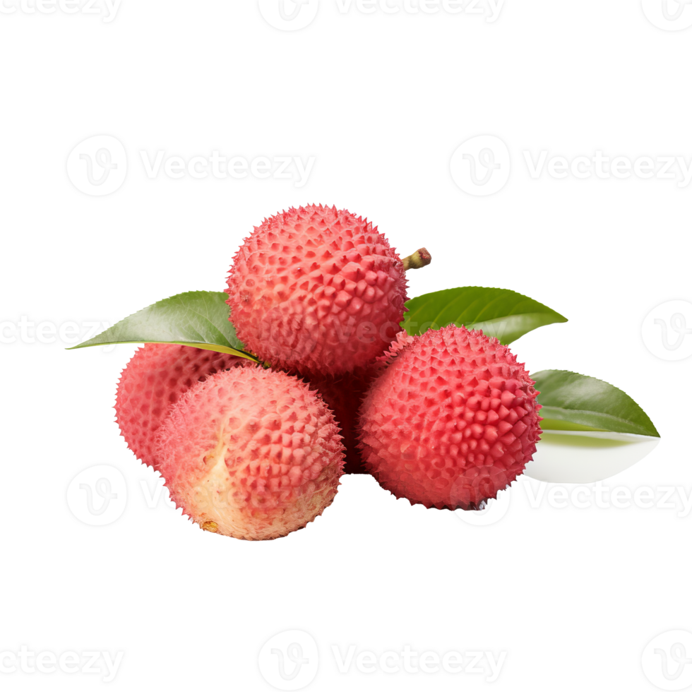 Lychee fruit with its full, round body and rough, red skin shown with fine detail, isolated on a clear transparent background. png