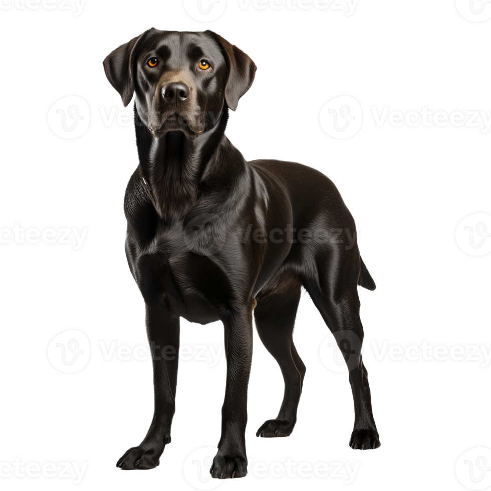 Labrador retriever in full view stands alert on transparent background, showcasing its sturdy build and friendly demeanor. png