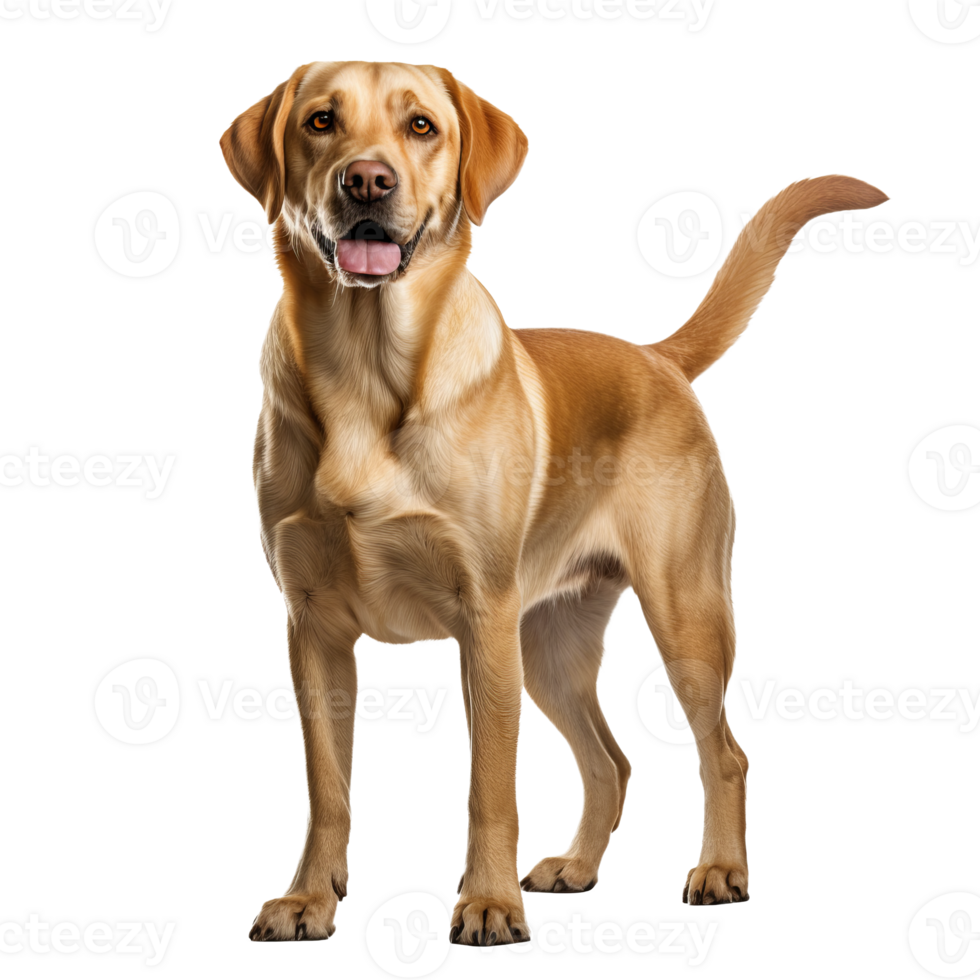 Full-bodied Labrador Retriever dog stands elegantly, with a clear silhouette, on a transparent background, showcasing its friendly demeanor. png