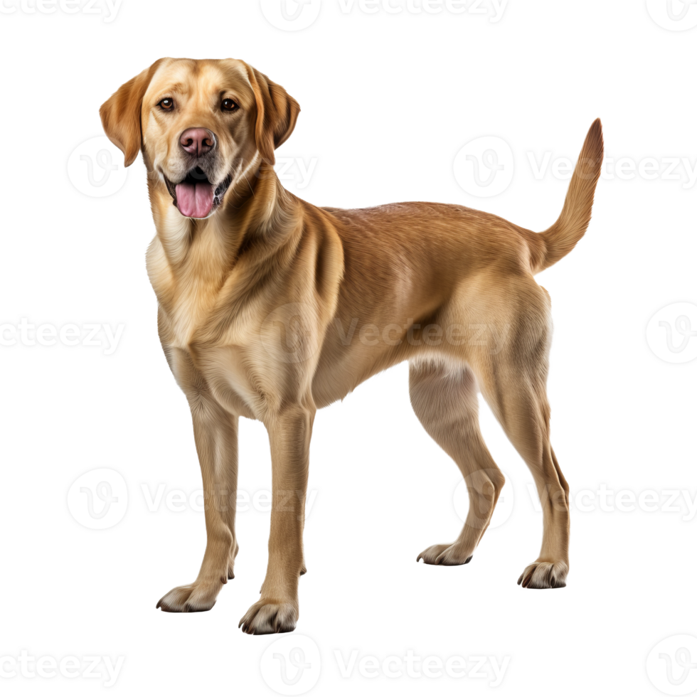 A Labrador Retriever stands in full profile, showcasing its sturdy build and friendly demeanor, set against a clear, transparent background. png