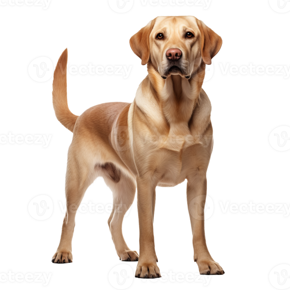 Labrador retriever stands in profile, showcasing its full body against a clear, transparent background. png