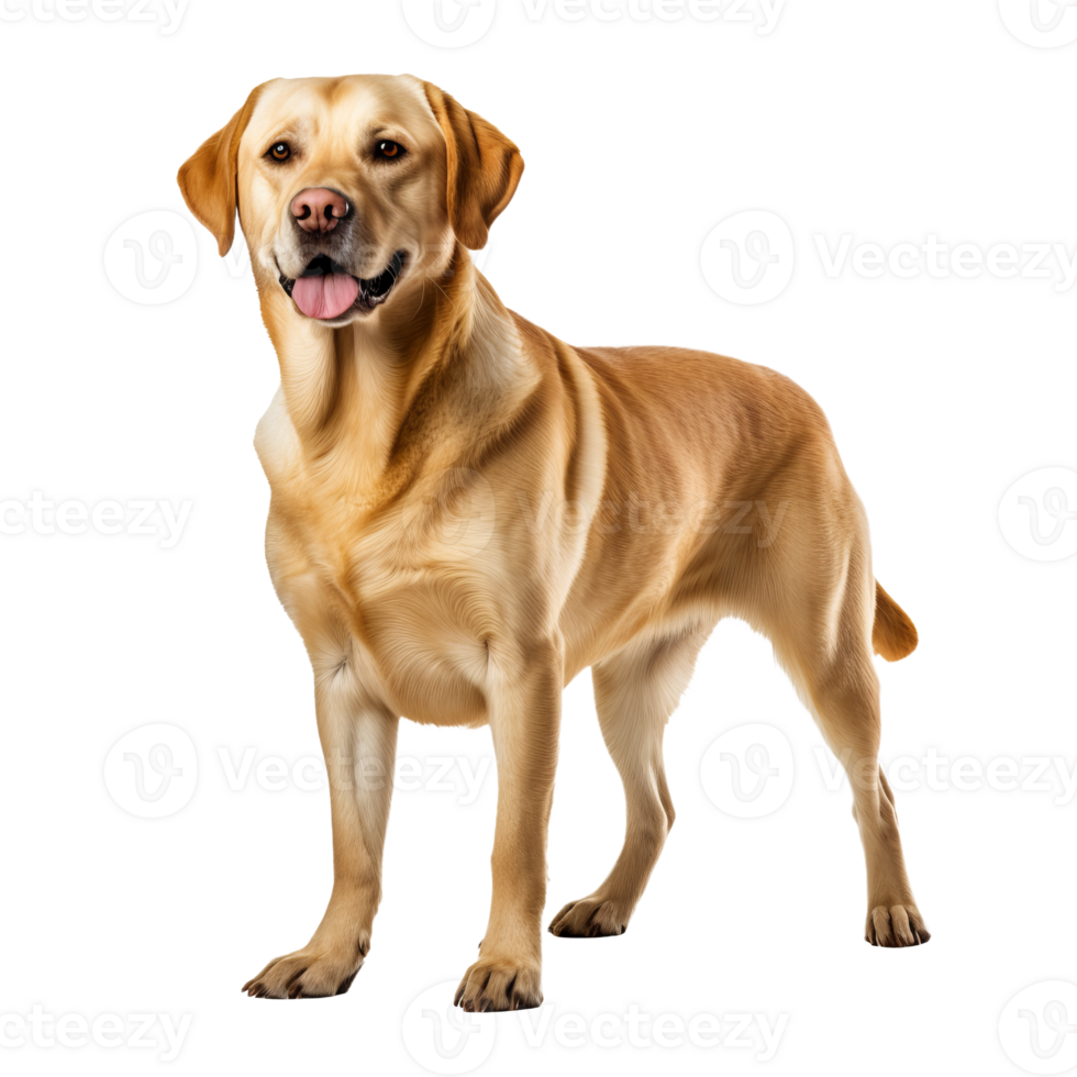 A full-body image of a Labrador retriever, standing alert, depicted on a transparent background for easy overlay. png