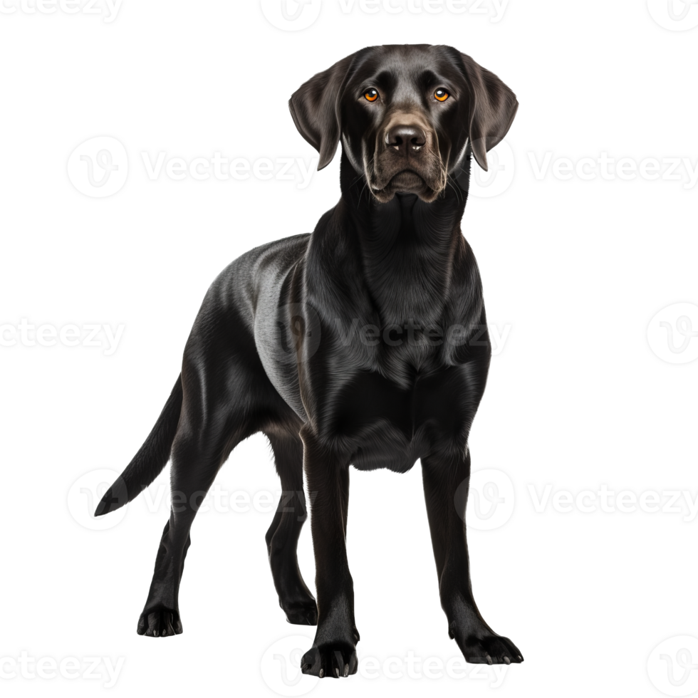 A full-bodied Labrador Retriever stands alert, its sleek coat and friendly demeanor showcased against a clear, transparent backdrop. png